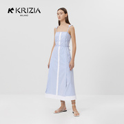 K KRIZIA2022秋季蓝白条纹拼接设计清新长款吊带连衣裙