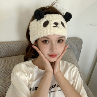 日系毛绒绒洗脸发带女可爱熊猫宽束发带头巾压发发箍月子头套头饰