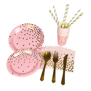欧美粉色烫金圆点主题生日派对，装饰布置蛋糕纸盘，纸巾纸杯桌布拉旗
