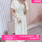 2023年夏季品牌汉派时尚气质V领甜美雪纺短袖中长连衣裙