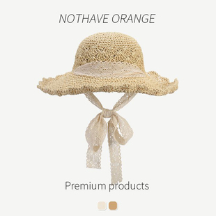 日系夏季沙滩帽蕾丝，草帽女小清新防晒帽，遮阳旅游度假可折叠太阳帽