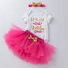 跨境欧美童装婴儿周岁生日服，卡通哈衣粉色玫红公主裙套装