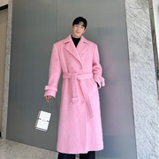 秋冬网红粉色韩版加厚气质，中长款大衣男双排，扣羊毛呢子风衣潮