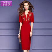 菲梦伊红色钉珠连衣裙，女夏季法式高腰，通勤气质端庄修身职业包臀裙