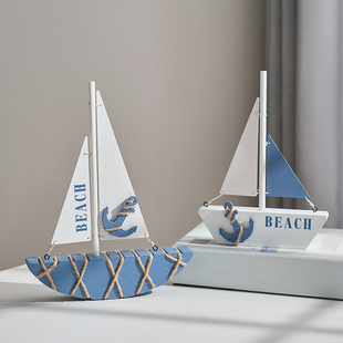 地中海帆船模型一帆风顺船创意桌面，摆件摆设木质，小木船装饰工艺品