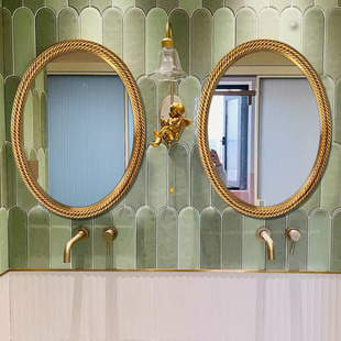 复古法式椭圆形螺纹浴室镜子，壁挂镜装饰镜框，卫生间浴镜金色轻奢