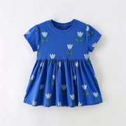 蓝色小花纯棉欧美女童连衣裙，夏季圆领儿童，可爱短袖t恤裙宝宝裙潮