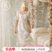rosetree纯棉睡裙女夏季短袖长款蕾丝，性感宫廷公主，风带胸垫睡衣裙