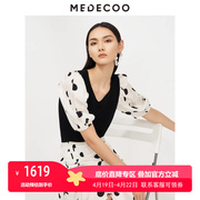 MEDECOO/墨蒂珂2023夏女装V领波点上衣拼接显瘦T恤MHX40317