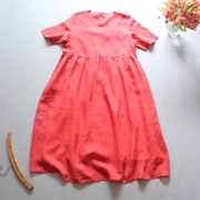 夏季细支苎麻衬肤色红色v领短袖，大裙摆连衣裙