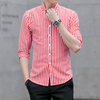 男士短袖衬衫夏季条纹中袖衬衣，休闲韩版修身五七分袖寸衣潮流帅气