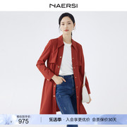 naersi娜尔思红色，衬衣领四面弹百搭风衣女，2024春中长款外套