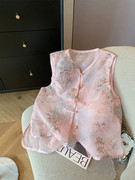 粉色新中式重工刺绣网纱马甲女夏季2024国风气，质薄款禅意无袖背心