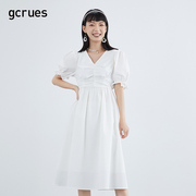 gcrues白色连衣裙V领夏季显瘦法式泡泡袖裙子女中长款小清新