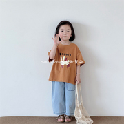 木西童品2024夏韩国版男女童可爱橘色卡通兔子短袖T恤百搭上衣潮