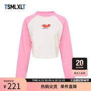 TSMLXLT TT潮牌粉色圆领长袖T恤女印花打底衫撞色拼接上衣