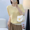 条纹短袖t恤女夏季2024时尚圆领百搭黄色天丝针织衫上衣薄款