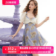 妖精的口袋欧根纱泡泡袖，连衣裙女2023夏方领设计感度假风裙子