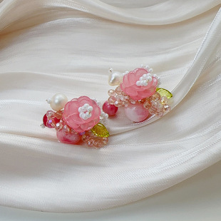 蜜桃乌龙耳钉油画风粉色，串珠花朵项链，可爱气质甜美边夹戒指耳饰