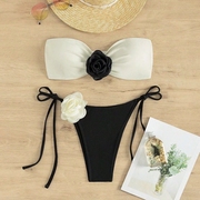 黑白拼色抹胸比基尼立体花朵，小胸聚拢分体，泳衣温泉辣妹泳装bikini
