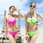 韩国加厚罩杯性感bikini荧光色分体比基尼小胸钢托聚拢泳衣女