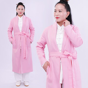 武农系腰亚麻加棉保暖中国风长款风衣大衣外套士女粉色太极服