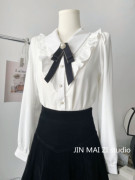 日系蝴蝶结白色泡泡袖上衣女早秋法式复古设计感小众衬衫