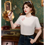 新中式国风盘扣短袖t恤拼接袖口2024夏女装(夏女装)复古漂亮短款衬衫