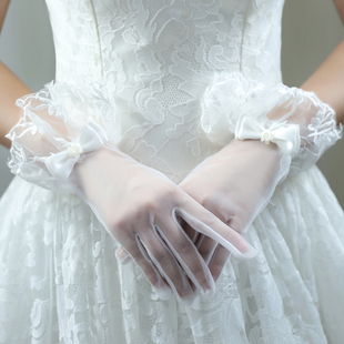新娘结婚配饰手套红色，白色短款网纱手套，秋冬新娘结婚纱礼服手套