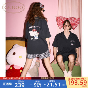 Gukoo果壳睡衣情侣夏季HelloKitty睡衣女纯棉男士家居服套装B