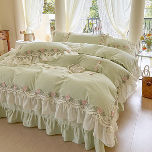 韩式绿色水洗全棉床上四件套，100纯棉公主风，蕾丝花边被套床单少女4