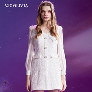 vjcolivia2024春夏v领西装，裙白色高腰，泡泡袖连衣裙通勤女装新