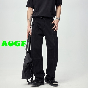 augf2024美式街头纯黑牛仔裤男cleanfit时尚潮牌宽松直筒长裤