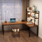 极速现代家用转角式书桌l型，实木双人电脑桌带书架一体工作台定制