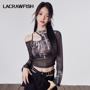 lacrawfish中古暗黑朋克十字架，印花交叉绑带，网纱长袖t恤打底衫女