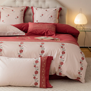 全棉婚庆四件套喜庆轻奢刺绣，红色被套纯棉床单，结婚新房床上用品