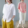 宽松立领女士衬衫，2023年夏季韩版大码纯色，百搭棉麻短袖衬衣潮