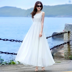 2022夏装白色雪纺长裙仙气质大摆连衣裙海边度假沙滩裙女长款