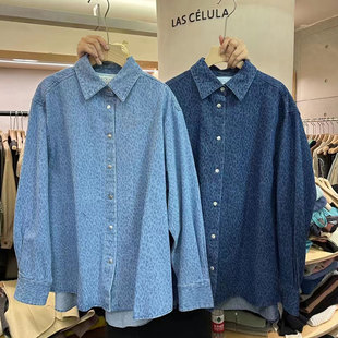 LAS CELULA实体店同款蓝色豹纹磨毛牛仔衬衫女单排扣宽松衬衣