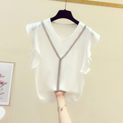 v领雪纺衫女2022夏季白色上衣，设计感衬衫，荷叶边短袖t恤衫洋气