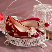 粗跟婚鞋女新娘鞋，秀禾婚纱两穿2024年中式孕妇可穿红色高跟鞋