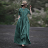 赫轩原著2024苎麻连衣裙气质女装夏季短袖圆领绿色长裙子宽松长裙