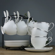 欧式简约银边咖啡杯骨瓷套装英式下午茶杯办公6件套咖啡具带架子