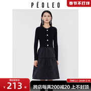飘蕾黑色连衣裙冬季2023女装圆领套头针织拼接长袖，a字雪纺裙