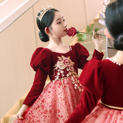 儿童晚礼服女童红色婚纱花童公主裙生日，宴会小孩小主持人钢琴服装