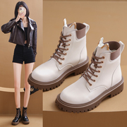 时尚马丁靴女秋冬2023韩版白色简约粗跟绑带瘦瘦靴机车骑士靴