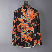 欧美轻奢男装植物橙色，花卉数码印花长袖，衬衫商务休闲修身免烫衬衣