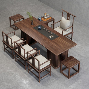 现代老榆木实木茶桌椅，乌金石茶盘，一体功夫茶台办公室泡茶桌椅组合