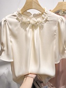 2023韩国气质显瘦纯色立领花朵钉珠套头短袖雪纺衫女夏季衬衫