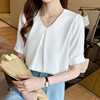 白色雪纺衫女短袖2023年夏季韩版宽松显瘦遮肚子洋气v领上衣